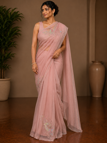 Ranas Peach Color Sequins & Cutdana Work Saree
