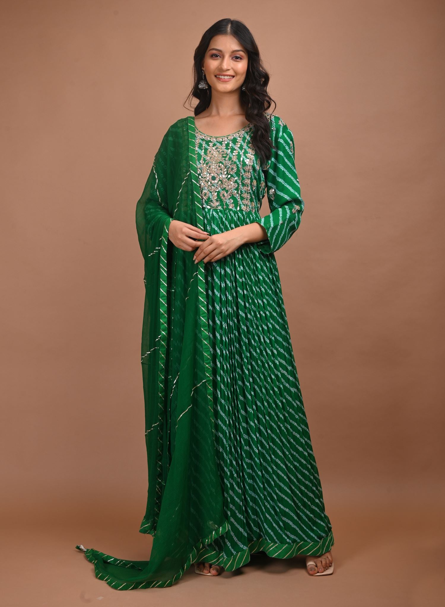 Ranas Bottle Green Bandhej Gown