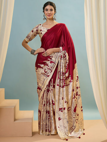 Ranas Red Color Printed Semi Modal Saree