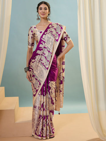 Ranas Purple Designer Printed Semi Modal Saree