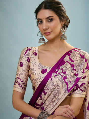 Ranas Purple Designer Printed Semi Modal Saree