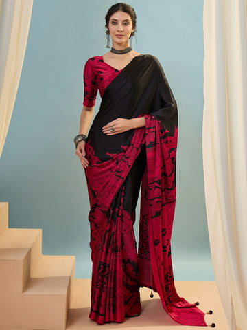 Ranas Black & Red Color Printed Semi Modal Saree
