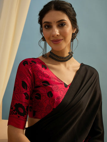 Ranas Black & Red Color Printed Semi Modal Saree