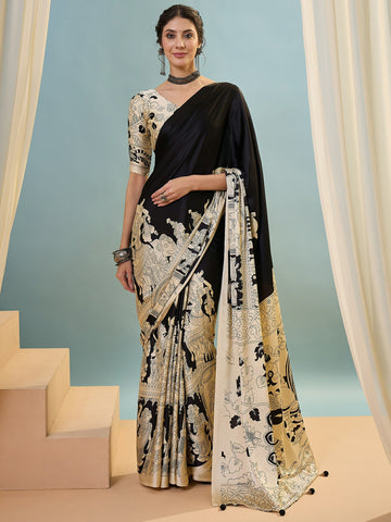 Ranas Black Color Printed Semi Modal Saree