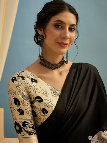 Ranas Black Color Printed Semi Modal Saree