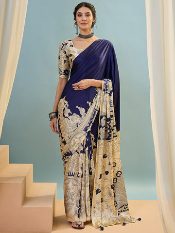 Ranas Blue Color Printed Semi Modal Saree