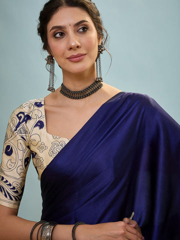 Ranas Blue Color Printed Semi Modal Saree