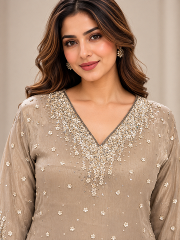 Ranas Beige Chinon Embellished Three-Piece Suit Set