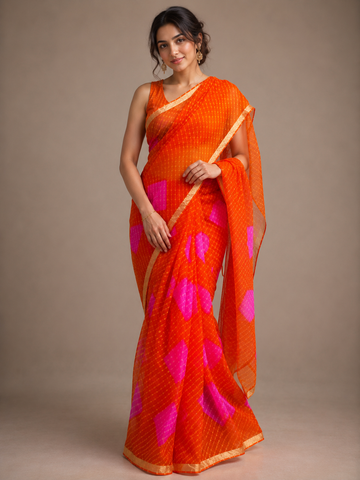Ranas Orange Color Kota Silk Leheriya Mothda Saree