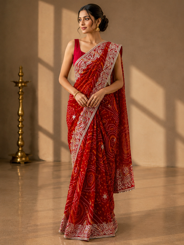 Ranas Gota Patti Red Bandhej Saree
