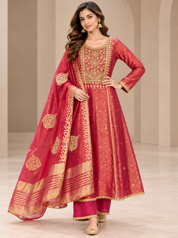 Ranas Rose Pink Banarsi Embroidered Anarkali Set