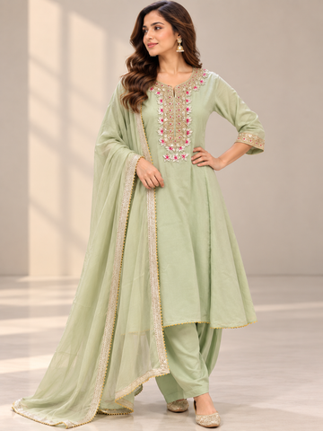 Ranas Pista Green Cotton Silk Three-Piece Suit Set