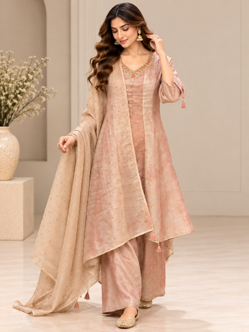 Ranas Peach Tissue Embroidered Three-Piece Suit Set
