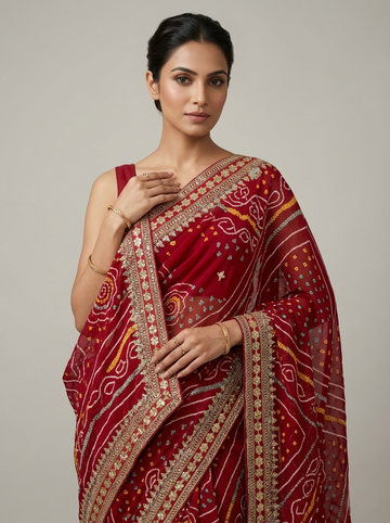 Ranas Gota & Marori Work Red Bhandej Saree
