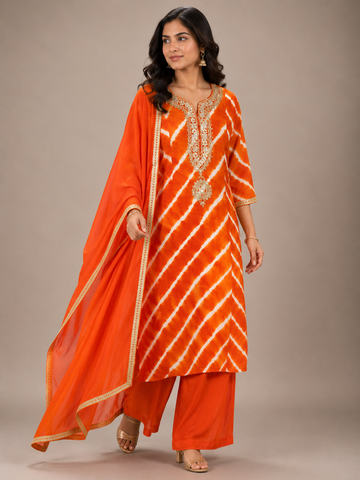 Ranas Gotta Patti work Orange Leheriya Suit