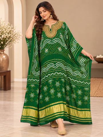 Ranas Bottle Green Bandhej Gajji Silk Embroidered Kaftan
