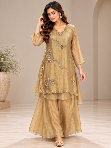 Ranas Champagne Tissue Embroidered Two Piece Kurta Set