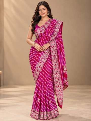 Rani & Pink Leheriya Tussar Silk Saree