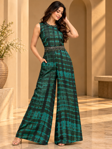 Ranas Green Shibori Printed Designer Jumpsuit
