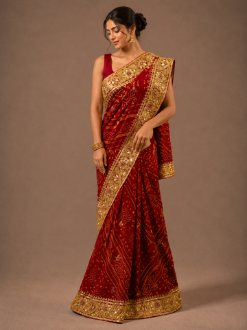 Ranas Luxury Red Bandhej Saree for Weddings