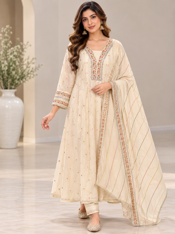Ranas Off White Chanderi Embroidered Anarkali Suit