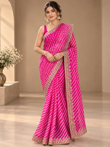 Ranas Pink Leheriya Pure Georgette Saree with Gota Patti Work