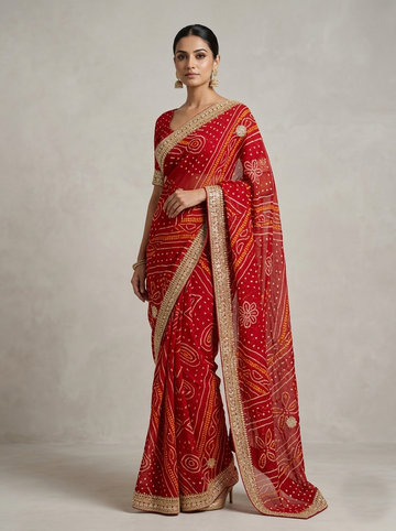 Ranas Premium Red Bhandej Saree