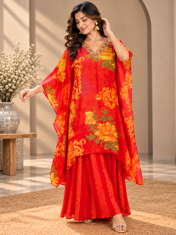 Ranas Raddish Pink Printed Muslin Silk Embroidered Kaftan Set