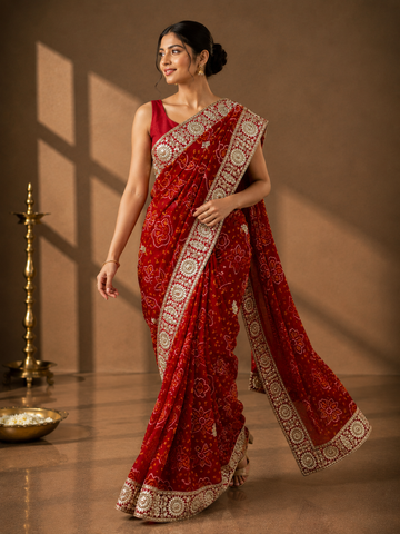 Ranas Gota Patti Work Red Bandhej Saree