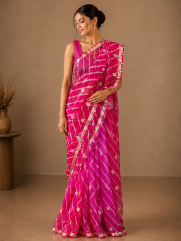 Ranas Pink Color Pittan Work Leheriya Saree
