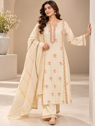 Ranas Off White Mul Chanderi Embroidered Three-Piece Suit Set