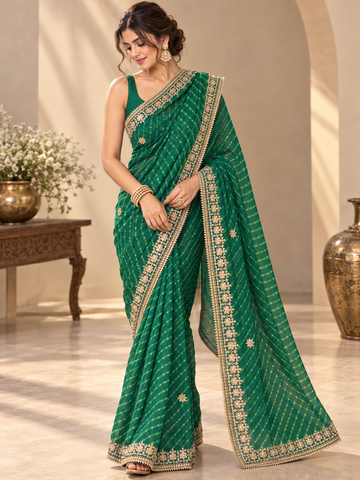 Ranas Bottle Green Leheriya Mothda Saree