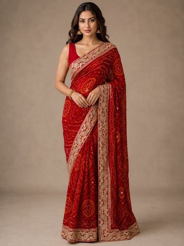 Ranas Royal Red Bandhej Saree with Sequin & Marori Work