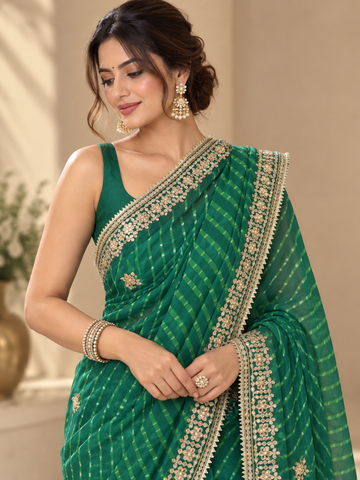 Ranas Bottle Green Leheriya Mothda Saree