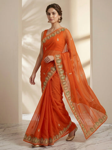Ranas Orange color Aari & sequine work Saree