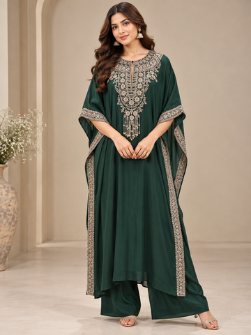 Ranas Elegant Bottle Green Satin Crepe Kaftan Set