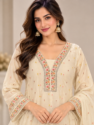 Ranas Off White Chanderi Embroidered Anarkali Suit