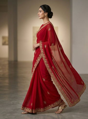 Ranas Red Color aari & sequine work Saree