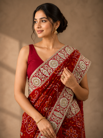 Ranas Gota Patti Work Red Bandhej Saree