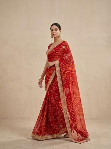 Ranas Premium Red Bhandej Saree