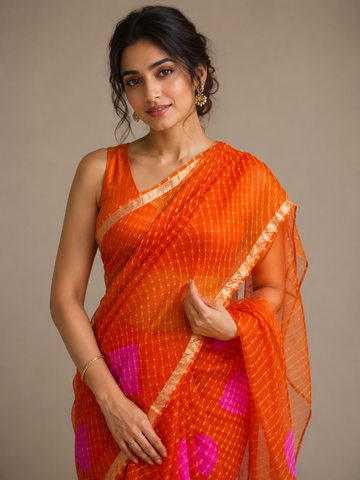 Ranas Orange Color Kota Silk Leheriya Mothda Saree