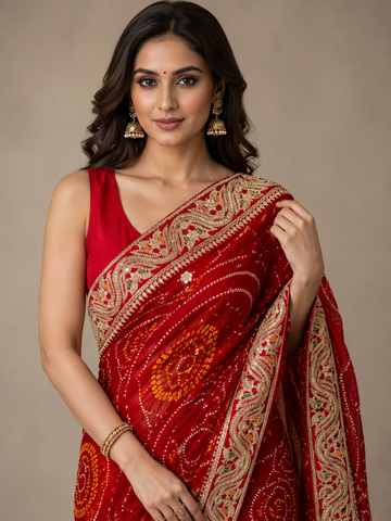 Ranas Royal Red Bandhej Saree with Sequin & Marori Work
