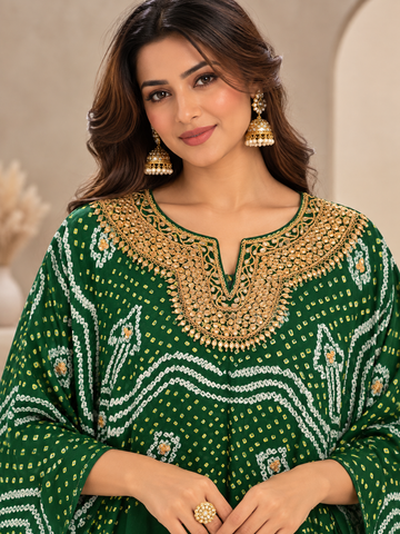 Ranas Bottle Green Bandhej Gajji Silk Embroidered Kaftan