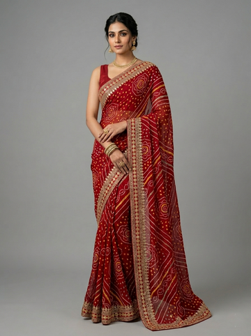 Ranas Gota & Marori Work Red Bhandej Saree