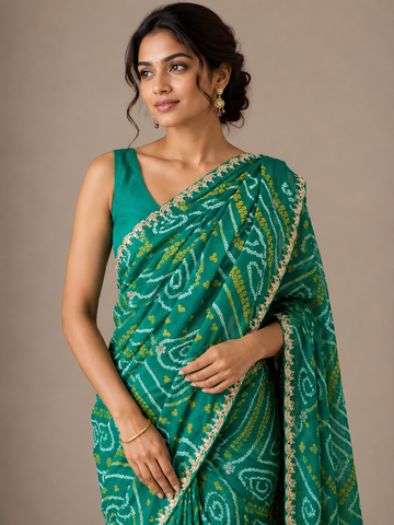 Ranas Rama Green Color Bhandej Saree