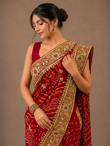 Ranas Luxury Red Bandhej Saree for Weddings
