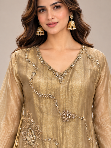 Ranas Champagne Tissue Embroidered Two Piece Kurta Set
