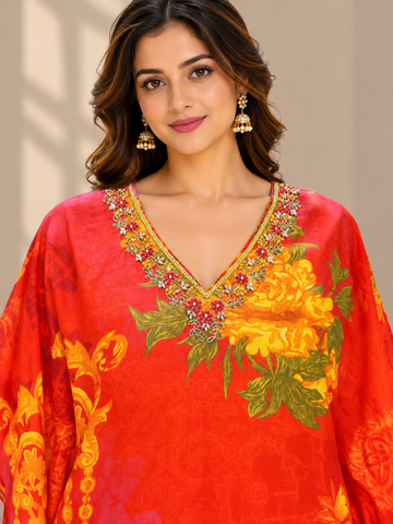 Ranas Raddish Pink Printed Muslin Silk Embroidered Kaftan Set