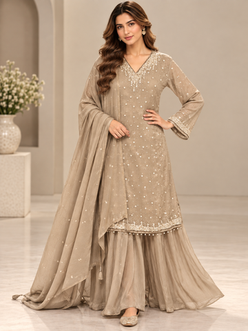 Ranas Beige Chinon Embellished Three-Piece Suit Set