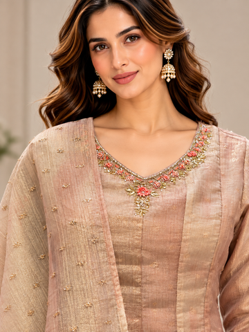 Ranas Peach Tissue Embroidered Three-Piece Suit Set